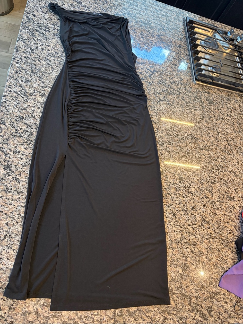 Mango Black One-Shoulder Ruched Side-Slit Dress